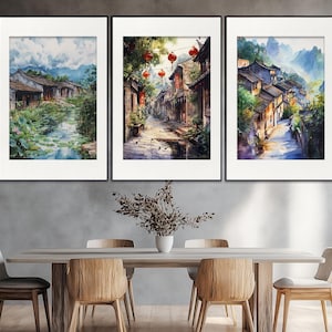Triptyque de paysages asiatiques pittoresques, art mural Chine, architecture chinoise, lot de 3 affiches, art mural chinois, décoration murale chinoise, estampes asiatiques