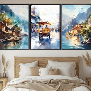 Ensemble de 3 affiches aquarelle paysages indiens, belle peinture indienne, art mural indien, triptyque indien, estampes indiennes, décoration murale indienne