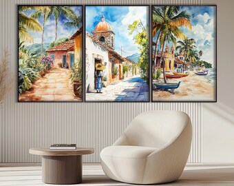 Mexican Wall Art, Mexico Set of 3 Posters, Mexico Paintings, Mexico Traditional Prints, Mexican Landscape, Mexican Folk Art