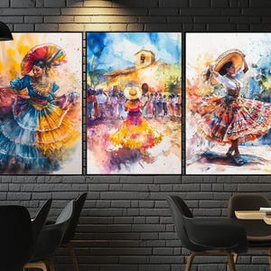 Beautiful Mexican Women Dancing, Mexican Wall Art, Mexican Dance Set of 3 Posters, Mexico Paintings, Mexican Folk Dance