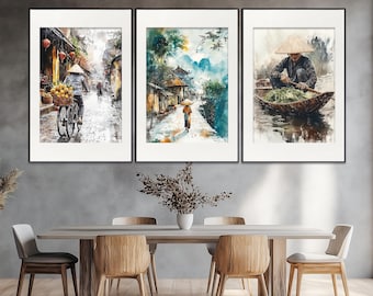 ベトナムの壁画、ベトナムの人々 3 枚セットのポスター、ベトナムの絵画、水彩画のアジアン プリント、ベトナムのインテリア プリント、ベトナムの自然プリント