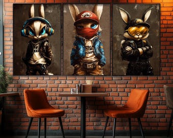 Rabbits in Three Wise Monkeys Style Set of 3 Posters, Modern See no Evil, Hear No Evil, Speak No Evil Wall Art
