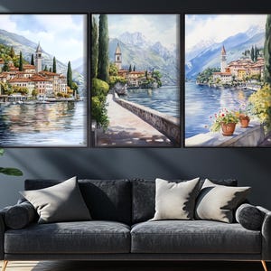 Set of 3 Lake Como Villas Prints, Lake Como Wall Art, Italian Lake Landscape, Serene Lake View, Lake Como Landscape, Italian Wall Art