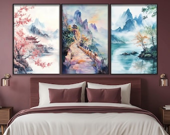 水彩画の中国壁画、中国風景画 3 枚セットのポスター、東洋壁画、中国絵画、中国インテリアプリント、中国三連画