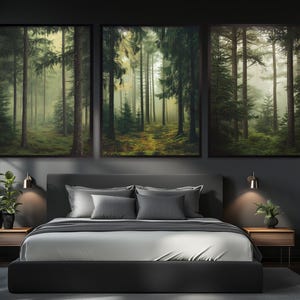 Misty Forest Poster Set, grüner Sommerwald Drucke, zartgrüne Wandkunst, Natur-Wanddekoration, Waldlandschaft im Innenbereich