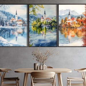 Paesaggio astratto del lago di Bled in inverno, estate e autunno, poster del lago di Bled, arte murale della Slovenia, dipinto del lago di Bled, decorazioni murali slovene