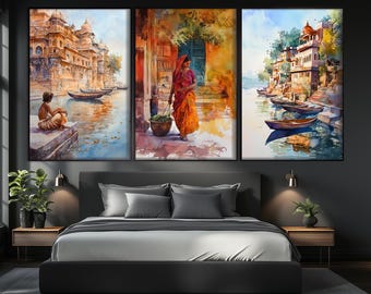 Abstract Indian Wall Art, India Set of 3 Posters, India Triptych, Indian Woman Prints, India Painting, Rajasthan Print, Indian Wall Decor