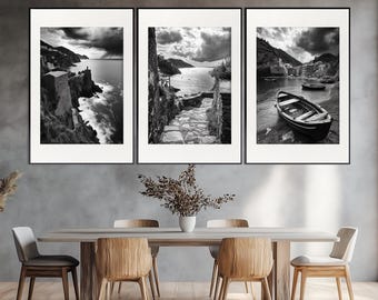 Scenic Cinque Terre Landscapes, Black and White Cinque Terre Posters, Cinque Terre Triptych, Monochrome Cinque Terre Wall Art