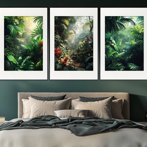Juego de 3 carteles de bosque tropical escénico, impresión de plantas tropicales, arte de pared tropical, decoración de pared de naturaleza verde, paisaje tropical en el interior