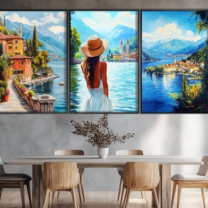 Beautiful Girl on Lake Como, Scenic Lake Como Landscapes, Lake Como Set of Posters, Lake Como Wall Art, Lake Como Painting, Travel Wall Art