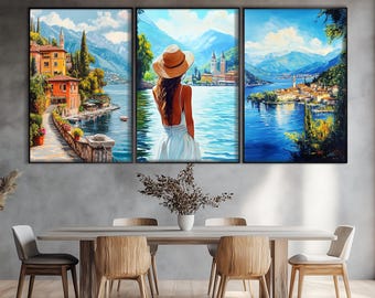 Beautiful Girl on Lake Como, Scenic Lake Como Landscapes, Lake Como Set of Posters, Lake Como Wall Art, Lake Como Painting, Travel Wall Art