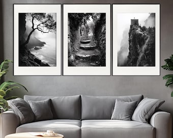 Black and White Cinque Terre Set of 3 Posters, Cinque Terre Triptych, Monochrome Cinque Terre Wall Art, Cinque Terre Prints