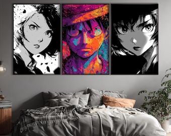 May include: Triptych of anime art prints. The left and right panels feature black and white portraits of female characters with intense expressions. The center panel showcases a colorful portrait of a male character with a straw hat. The artwork is displayed above a bed.
