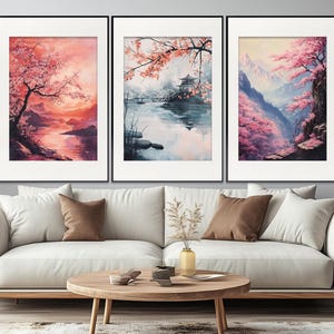 Set of 3 Japanese Landscapes, Japanese Wall Art, Sakura Blossom Posters, Japanese Interior Prints, Asian Nature Prints, Sakura Triptych