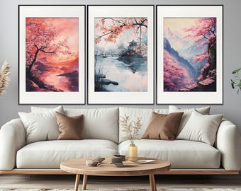 Set of 3 Japanese Landscapes, Japanese Wall Art, Sakura Blossom Posters, Japanese Interior Prints, Asian Nature Prints, Sakura Triptych