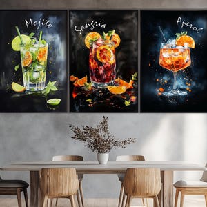 Arte mural de cócteles para fiestas, juego de 3 pósteres de cócteles, impresión de mojito, póster de sangría, arte mural de Aperol, decoración de bar de cócteles, regalo de camarero