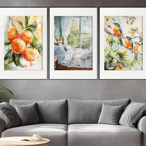 Rustic wall Art, Orange Birds Print, Mandarin Print, Soft Green Spring Botanical Wall Decor, Cabin Wall Decor, Rustic Triptych