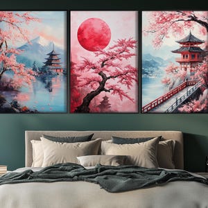Moun Fuji Wall Art, Sakura Blossom Set of 3 Posters, Red Sunset in Japan, Japanese Posters, Japanese Wall Art, Sakura Trees Posters
