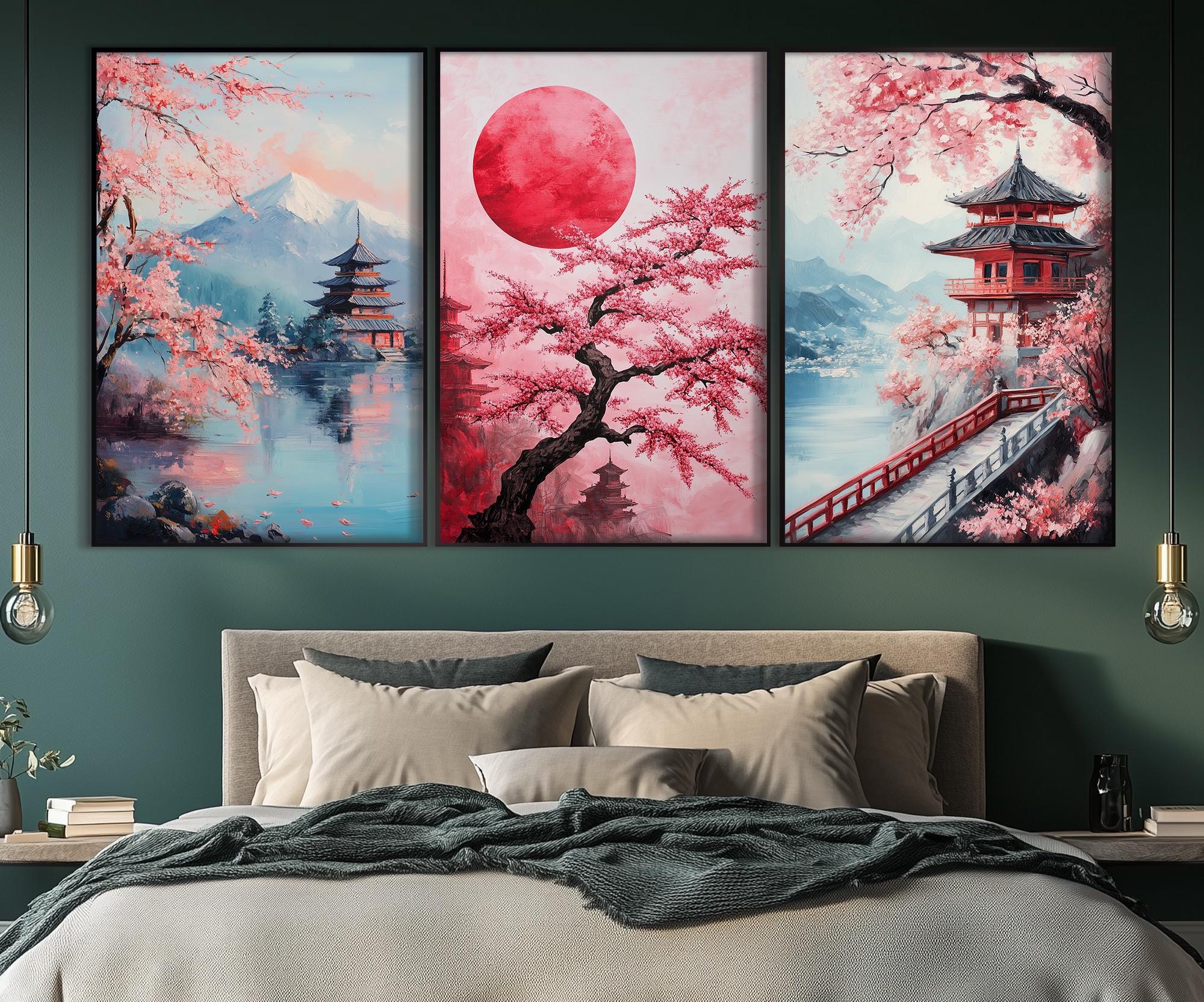 富士山の壁アート、桜の花のポスター 3 枚セット、日本の赤い夕日、日本のポスター、日本の壁アート、桜の木のポスター