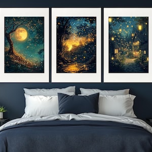 Sternenklare Nacht 3er Set Poster, Nachthimmel Triptychon, Fantasy Nacht Wandkunst, Nachthimmel Malerei, Märchen Wanddeko, Kinderzimmer Wandkunst
