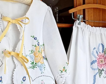 Vintage linen blouse and skirt, two piece dress, upcycled linen outfit with pockets