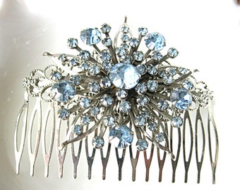 Large light blue rhinestone brooch hair comb for bride, bridesmaid, mother of the bride, grooms mother, holiday party, silvertone comb