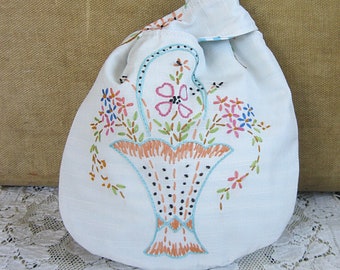 Embroidered Japanese Knot Bag, peach and turquoise basket for bride, bridesmaids, wedding, prom, special occasion, vintage linen, wristlet