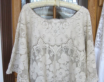 Size L oversize upcycled beige lace top, romantic summer tunic, angel sleeves, fits up to 40 inch bust