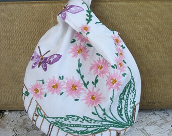 Floral embroidered Japanese Knot Bag for bride, bridesmaids, wedding, prom, special occasion, vintage linen, pink, purple, butterflies