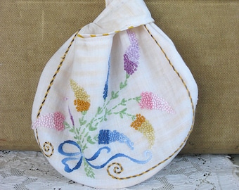 Floral embroidered Japanese Knot Bag for bride, bridesmaids, wedding, prom, special occasion, vintage linen, yellow, pink, purple, blue