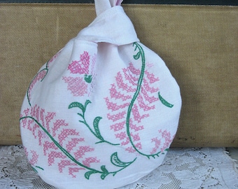 Pink floral embroidered Japanese Knot Bag for bride, bridesmaids, wedding, prom, special occasion, made from vintage linen