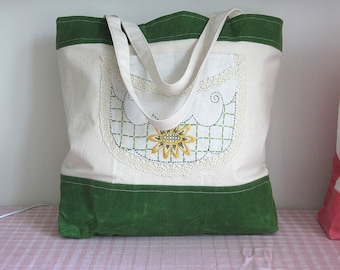 Big canvas beach/summer tote bag, white and green with embroidered sunflower front pocket