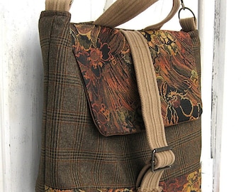 Messenger Bag, Satchel, Travel Bag, Laptop/Tablet, Brown Plaid, Burnt Orange, Suit Coat Bag, by Lily Whitepad