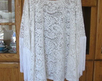 Size M-L oversize upcycled white lace top with fringed sleeves, romantic summer tunic, festival top, angel sleeves, fits up to 40 inch bust