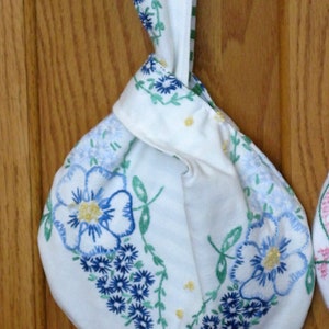 Blue floral embroidered Japanese Knot Bag for bride, bridesmaids, wedding, prom, special occasion, vintage linen, wristlet, reversible image 5