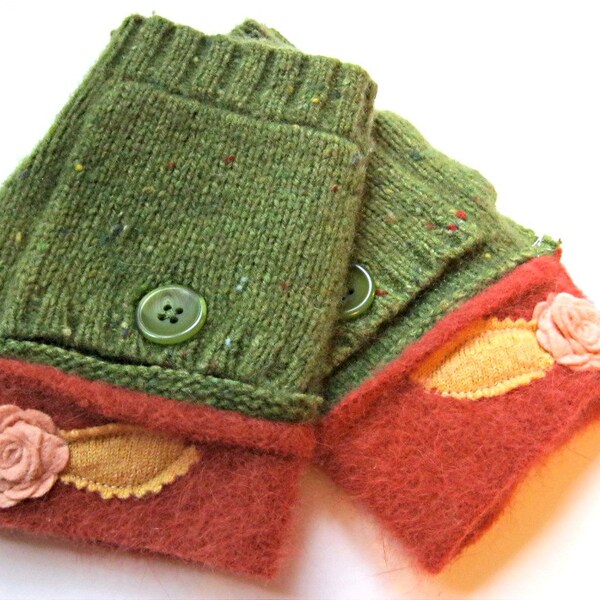 Cashmere / Lambswool / Angora avocado and burnt orange fingerless texting gloves gauntlets with pockets made from recycled sweaters