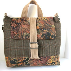 Bolsa de mensajero, cartera, bolsa de viaje, computadora portátil/tableta, cuadros marrones, naranja quemado, bolsa de abrigo de traje, por Lily Whitepad