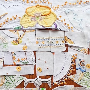 Vintage embroidery and lace snippets, 40 pieces, scrap pack for slow stitching, junk journal, embellishment, scrap embroidery, grab bag