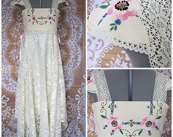 Embroidered country romantic wedding dress, pink and cream, floral dress, formal, bridesmaid, country / meadow wedding, Medium,Lily Whitepad