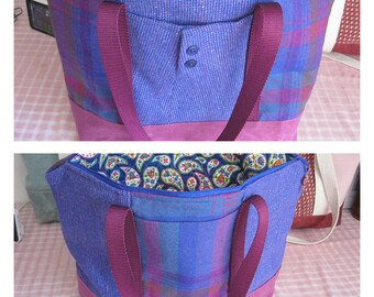 Large purple and orchid tote bag, feminine briefcase, travel bag, overnight bag, recycled wool suit coat and waxed canvas