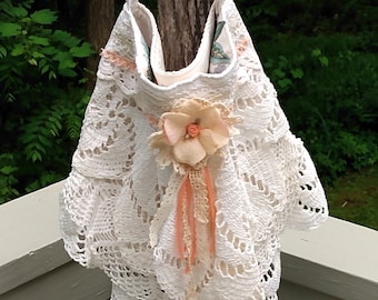 White and peach doily bag, shabby boho chic, cross body, handmade lace bag, bridal bag, for wedding, festival, special occasion