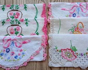 Medium pink vintage embroidered linen pouch for gifts, jewelry, keepsakes, sachets and potpourri