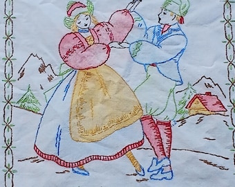 Embroidered Vogart pillow cover, quilt block, Dutch German couple dancing, folk dancers