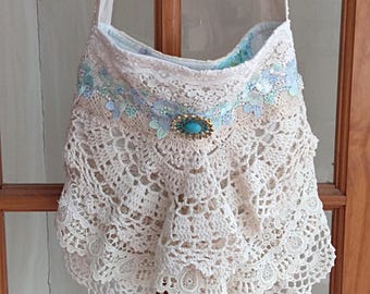 Cream and pastel blue and green doily bag, shabby boho chic, cross body, handmade lace bag, bridal bag, wedding, festival, special occasion