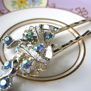 Wedding hair pins, silver and light blue rhinestone, vintage earring bobby pins, vintage jewelry hair pins, bridal hair pins, bridesmaid image 3