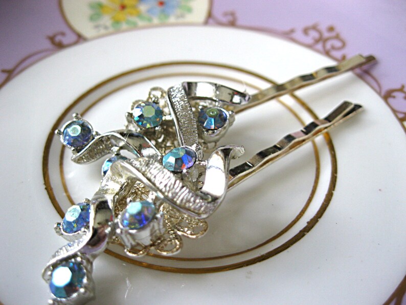 Wedding hair pins, silver and light blue rhinestone, vintage earring bobby pins, vintage jewelry hair pins, bridal hair pins, bridesmaid image 3