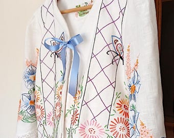 Blusa de lino melocotón y azul bordada (tallas S-M), blusa vintage con lazo frontal estilo mantel, chaqueta floral