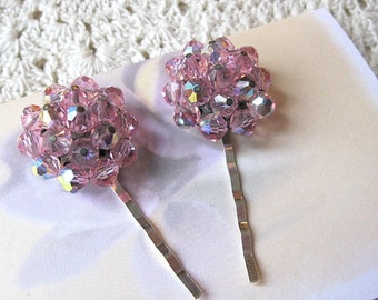 Wedding hair pins, pink glass bead hair pins, vintage earring hair pins, vintage bobby pins, bridal hair pins, upcycled, Lily Whitepad