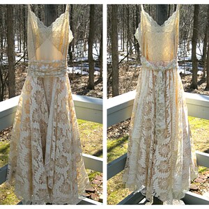 S-M Caramel cream bohemian boho gypsy hippie wedding dress, formal, prom, tea/ankle length, vintage lace, 34-36 inch bust, Lily Whitepad