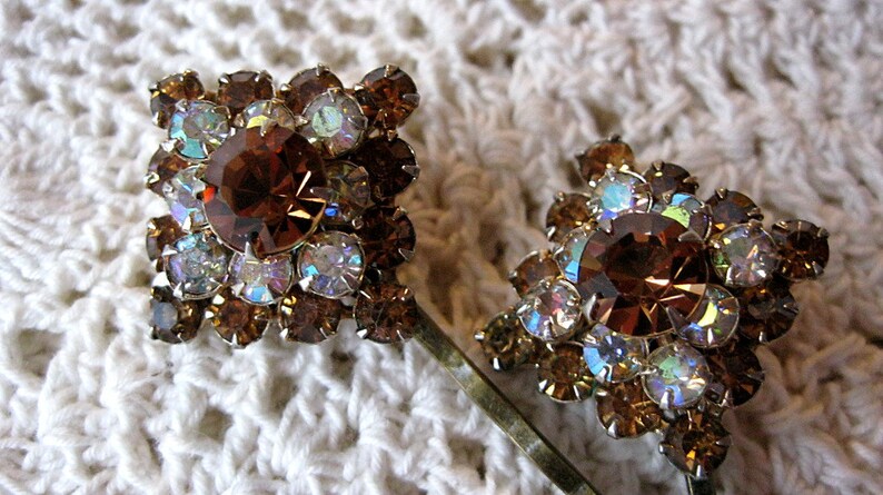 Wedding hair pins, amber rhinestone hair pins, vintage earring hair pins, vintage bobby pins, bridal hair pins, upcycled, Lily Whitepad image 1